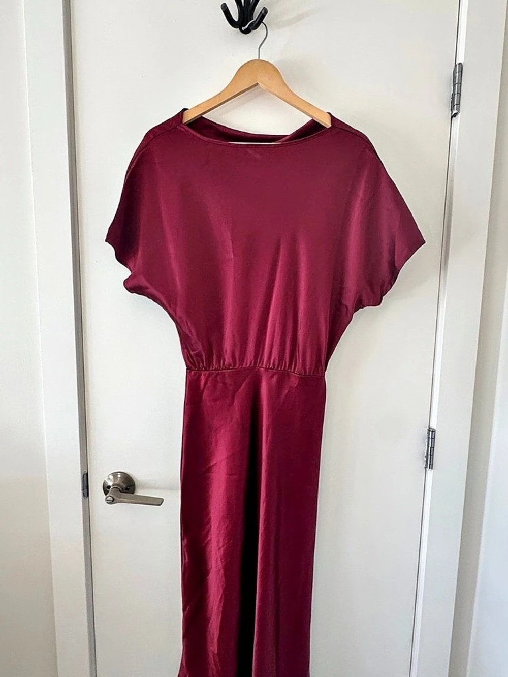 Burgundy Satin Blouson Maxi Dress Side Slit Size S Made in USA